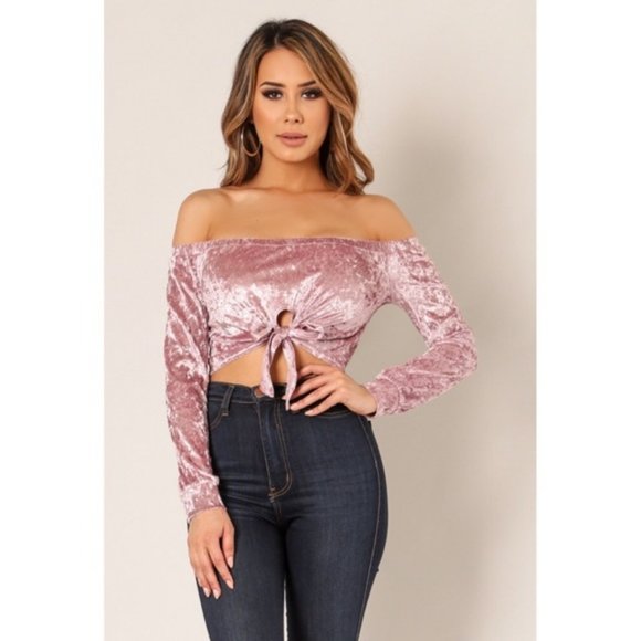 Pink Crushed Velvet Tie Front Crop Top NEW - Picture 7 of 7